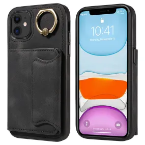 001 For iPhone 11 PU Leather TPU Card Holder Cover Ring Kickstand Shockproof Phone Case