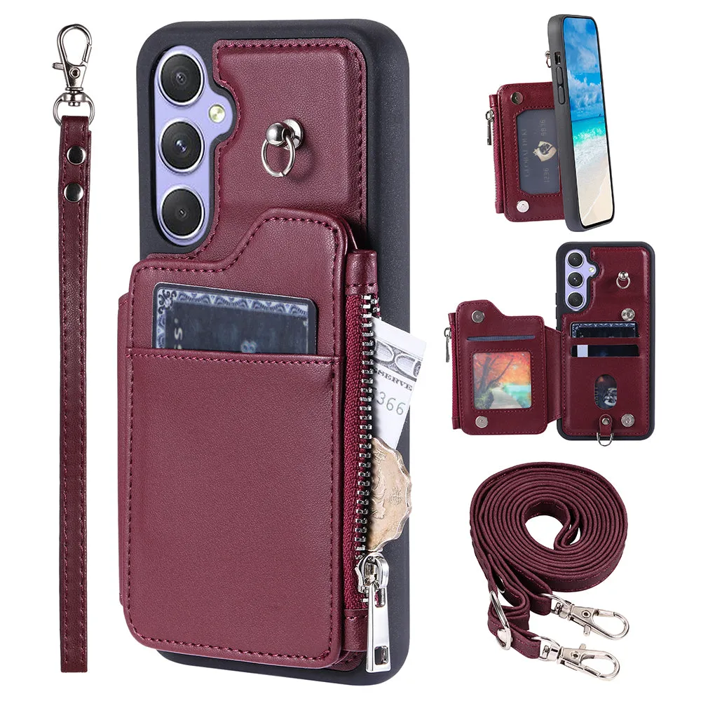 009 For Samsung Galaxy A54 5G RFID Blocking Zipper Wallet Protective Case PU Leather TPU Kickstand Phone Cover with Straps