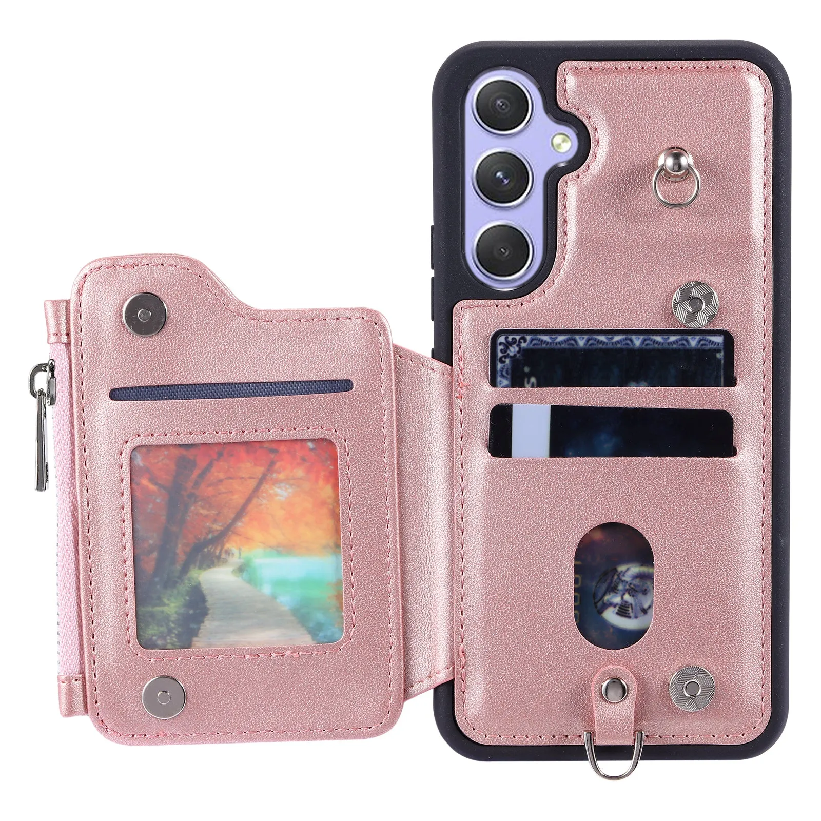 009 For Samsung Galaxy A54 5G RFID Blocking Zipper Wallet Protective Case PU Leather TPU Kickstand Phone Cover with Straps