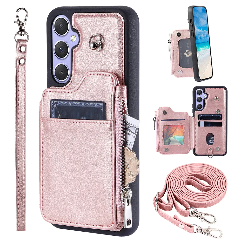 009 For Samsung Galaxy A54 5G RFID Blocking Zipper Wallet Protective Case PU Leather TPU Kickstand Phone Cover with Straps