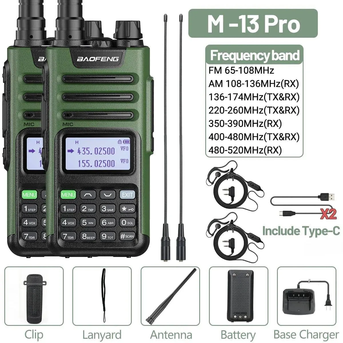 1/2PCS Baofeng M-13 Pro Air Band Walkie Talkie 10W Wireless Copy Frequency Long Range Type-C NOAA AM UV-5R K5 Ham Two Way Radio