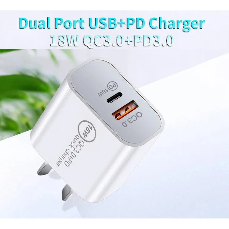 18W Dual Fast Charging Universal Travel Charger with PD3.0 & QC3.0, AU Plug