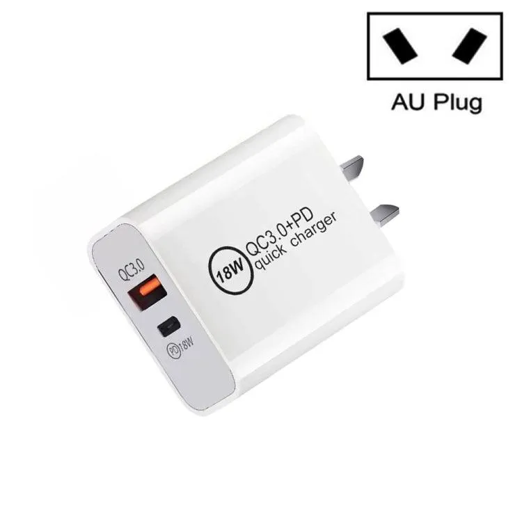 18W Dual Fast Charging Universal Travel Charger with PD3.0 & QC3.0, AU Plug