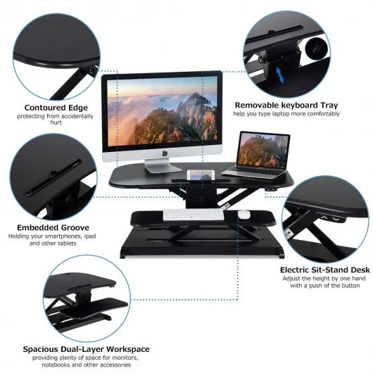 2-Tier Sit to Stand Desk with Keyboard Tray Deck-Black