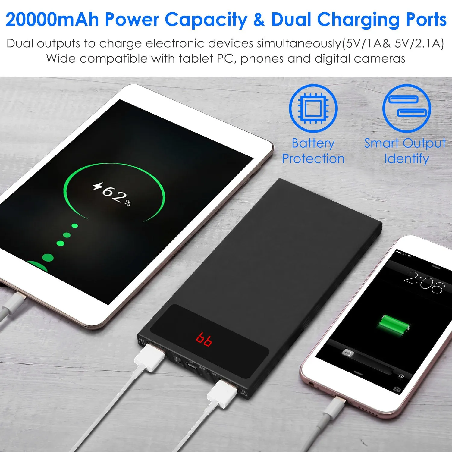 20000mAh Power Bank Ultra Thin External Battery Phone Charger Dual USB Ports