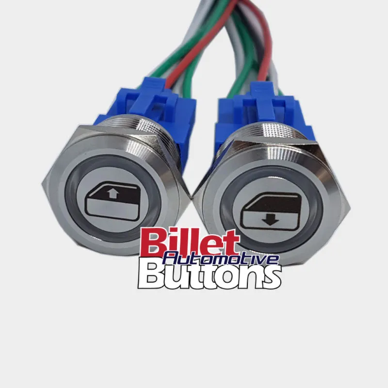 22mm Pair 'POWER WINDOWS SYMBOLS' Billet Push Button Switches