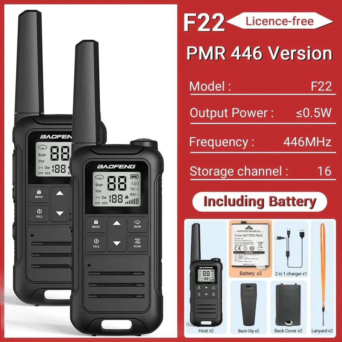 2PCS Baofeng F22 PMR FRS Mini Walkie Talkie Waterproof Type-C Licence-free NOAA Portable Two Way Ham Radio for Hunting