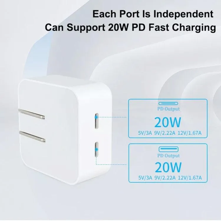 40W Dual PD USB-C Charger with Type-C Data Cable - US Plug, Fast Charging for Multiple Devices