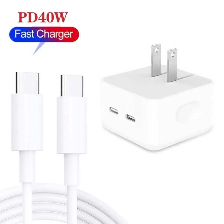 40W Dual PD USB-C Charger with Type-C Data Cable - US Plug, Fast Charging for Multiple Devices