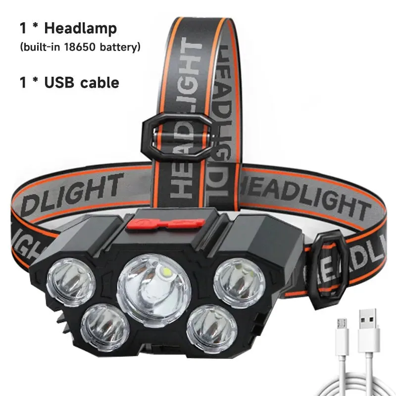 5 LED Headlamp Rechargeable with Built in 18650 Battery Strong Light Headlight Camping Adventure Fishing Head Light Flashlight