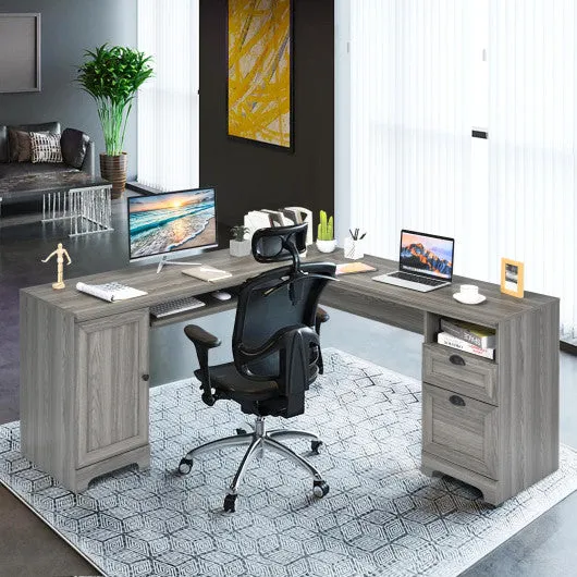 66 Inch L-Shaped Writing Study Workstation Computer Desk with Drawers-Gray