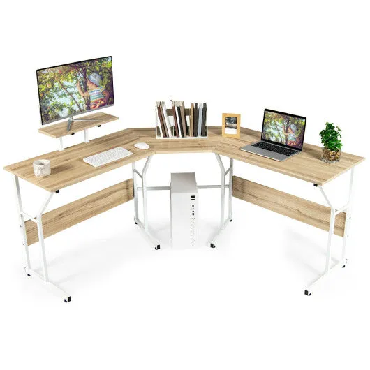 88.5 Inch L Shaped Reversible Computer Desk Table with Monitor Stand-Oak