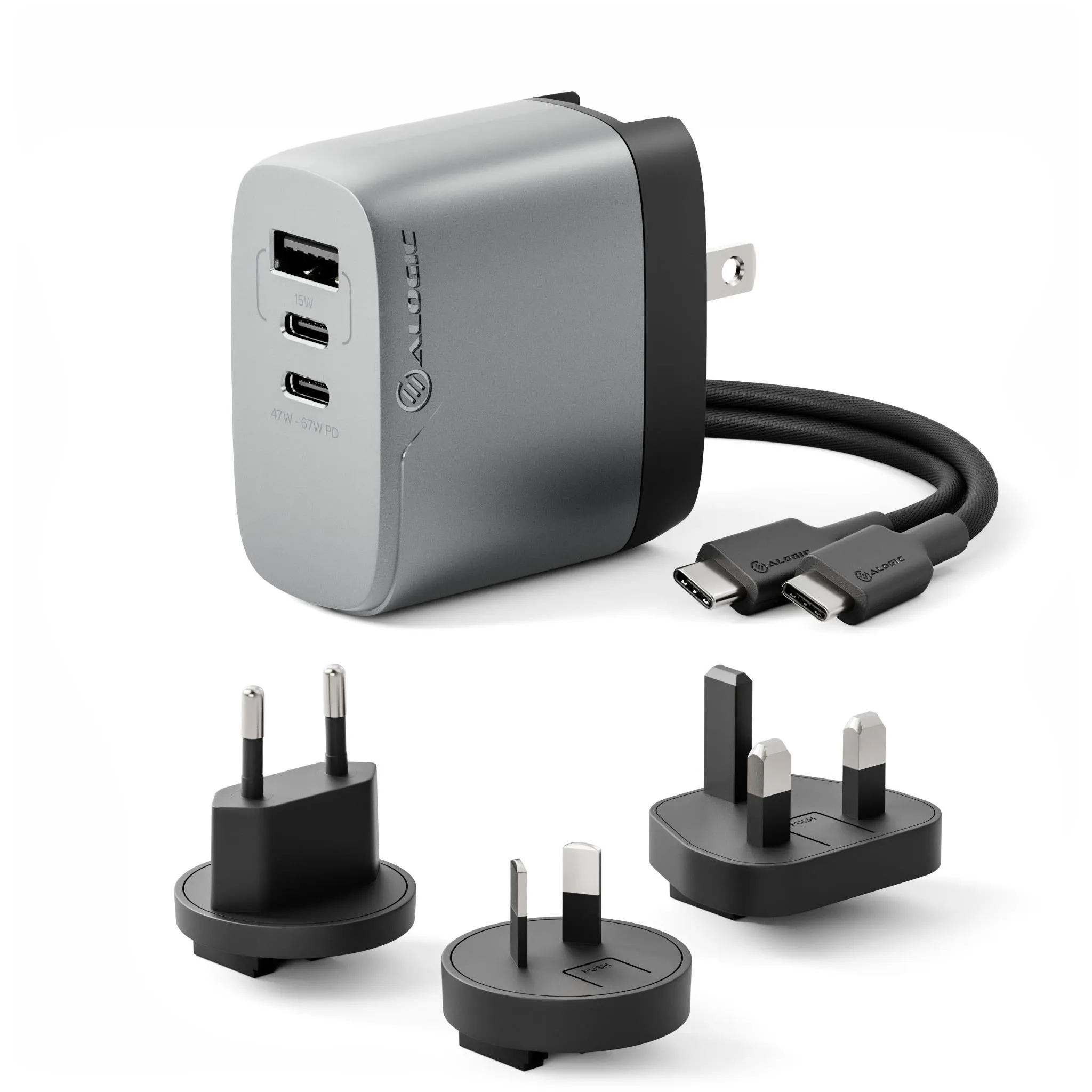 ALOGIC 3X67 Rapid Power 67W Multi Country Travel GaN Charger (Space Grey)