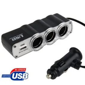 AMZER 12V / 24V Triple Socket USB Car Cigarette Charger