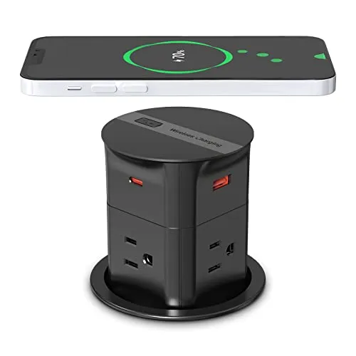 ANNQUAN 3.15" Pop Up Countertop Outlet with 15W Wireless Charger,Max 20W Power Delivery,800J Surge Protection,Pop Up Electrical Outlet with 4 Outlets 4 USB Ports for Home Office(ETL Listed)