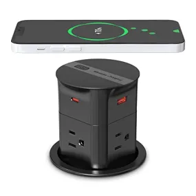 ANNQUAN 3.15" Pop Up Countertop Outlet with 15W Wireless Charger,Max 20W Power Delivery,800J Surge Protection,Pop Up Electrical Outlet with 4 Outlets 4 USB Ports for Home Office(ETL Listed)