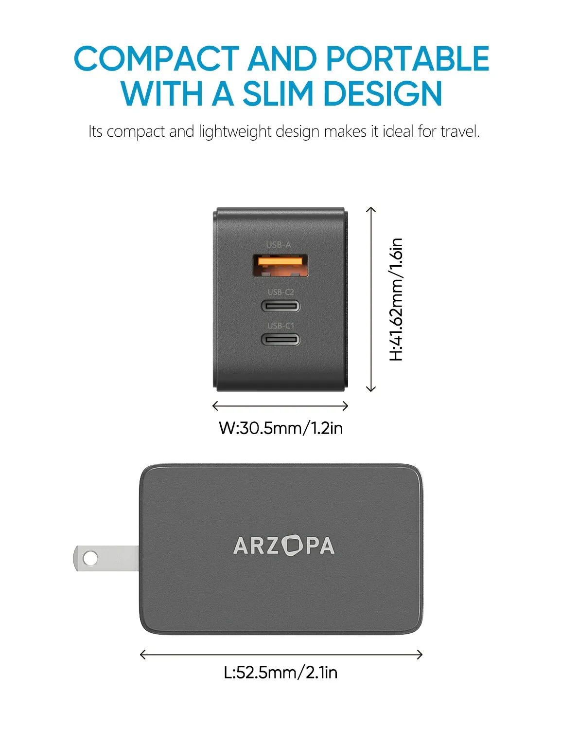 Arzopa 65W GaN Charger | USB Type C, USB Type A