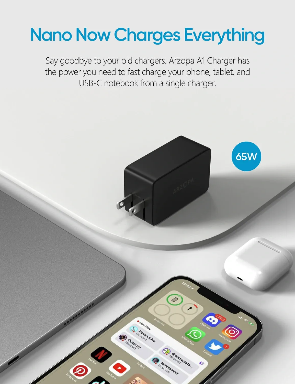 Arzopa 65W GaN Charger | USB Type C, USB Type A