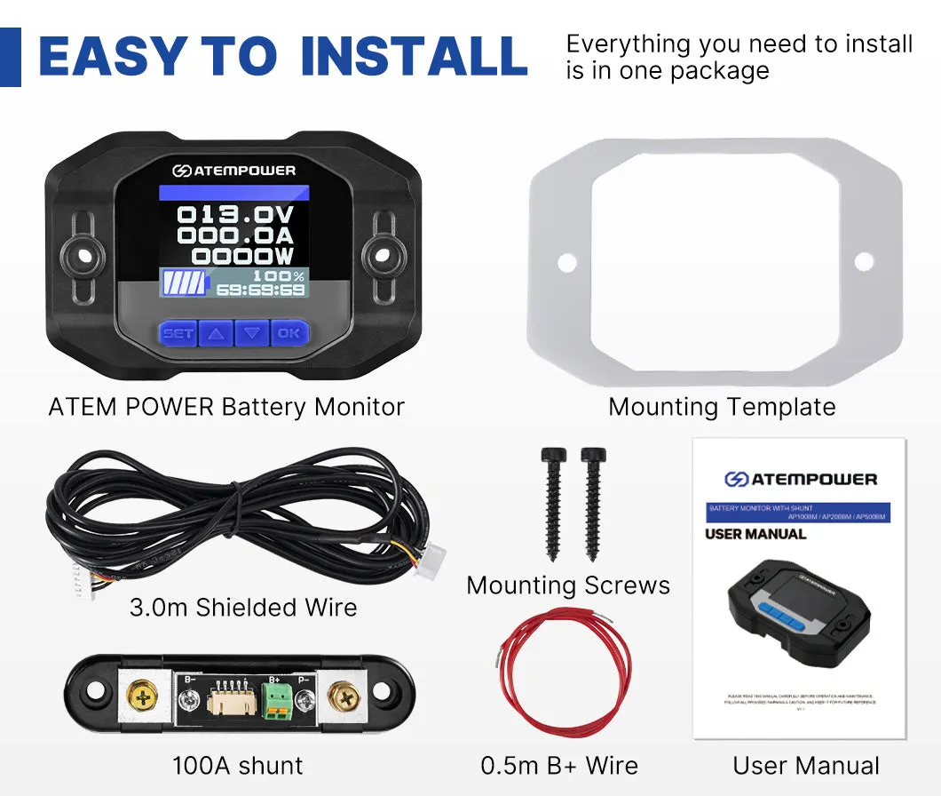 Atem Power Battery Monitor High Low Voltage w/Shunt Wire 12V Battery 100A