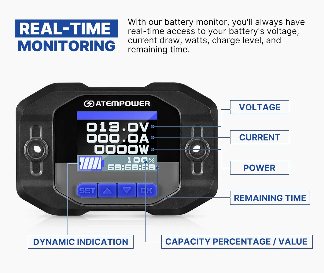 Atem Power Battery Monitor High Low Voltage w/Shunt Wire 12V Battery 100A