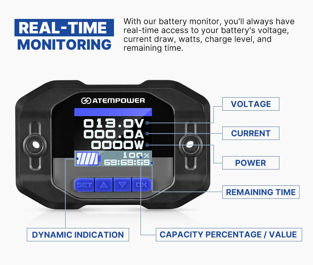 Atem Power Battery Monitor High Low Voltage w/Shunt Wire 12V Battery 200A