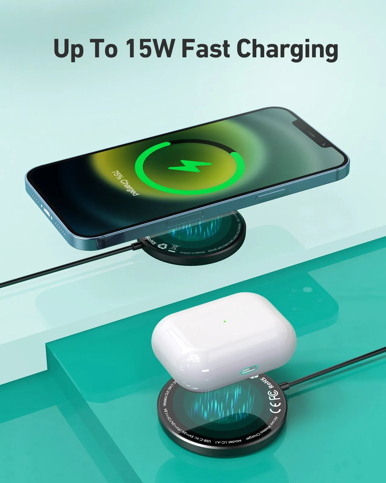 Aukey LC-A1S Snap On 15W Qi-Compatible Fast Wireless Charging Wire (USB-C) Magsafe Compatible