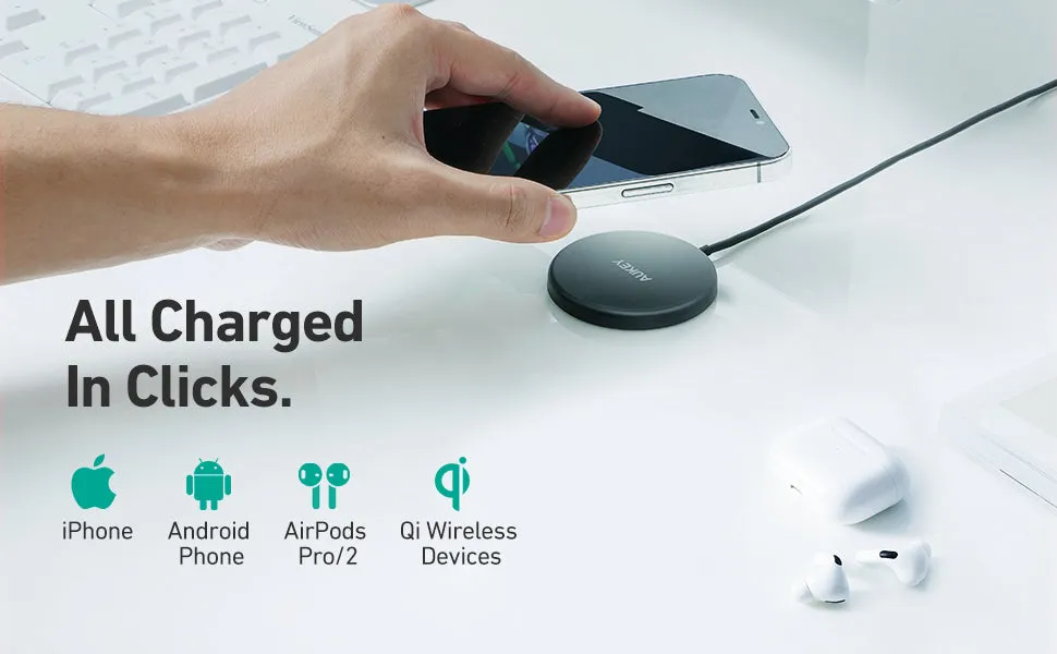 Aukey LC-A1S Snap On 15W Qi-Compatible Fast Wireless Charging Wire (USB-C) Magsafe Compatible