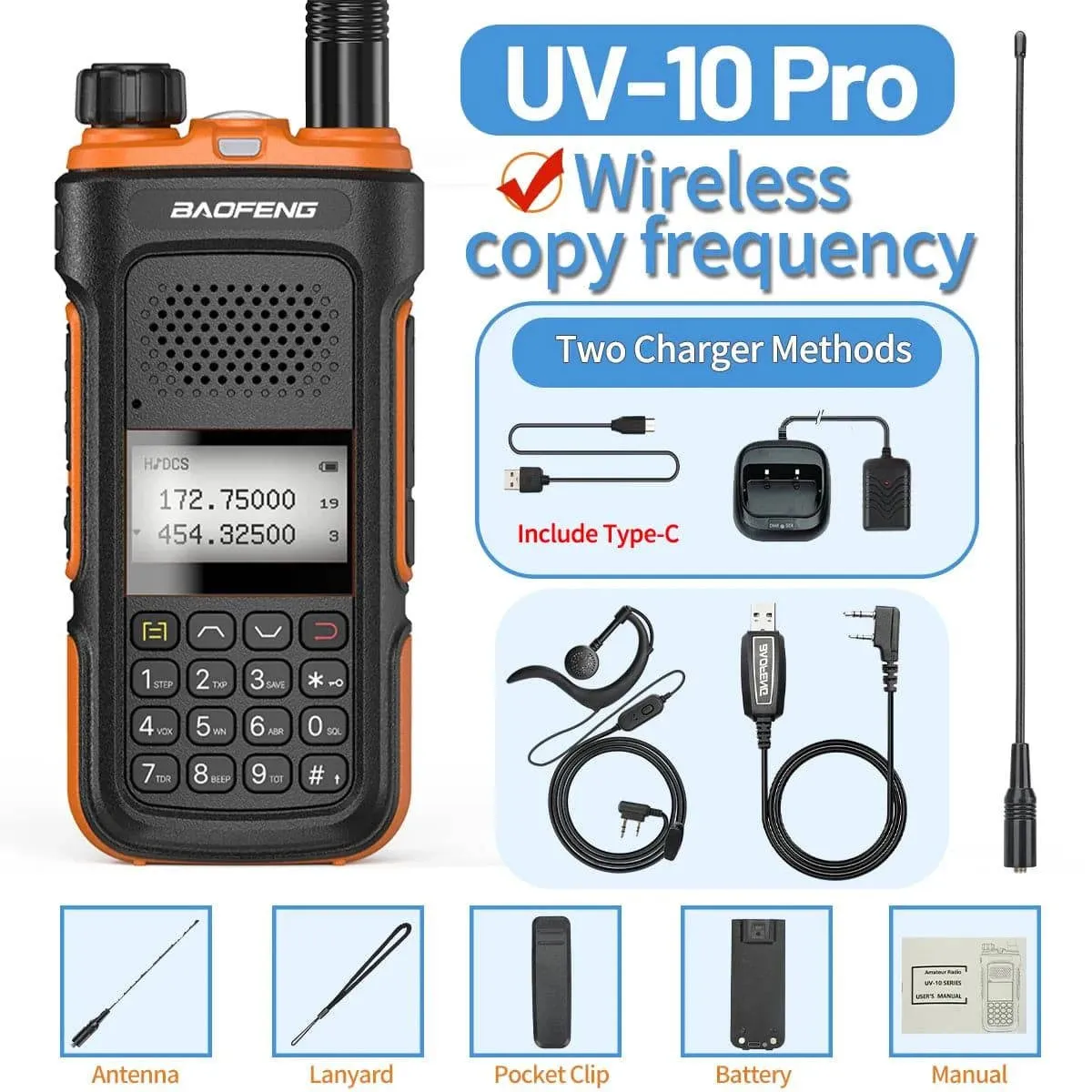 Baofeng UV-10 Pro Walkie Talkie Wireless Copy Frequency Dual Band 999CH Type-C Long Range High Power UV-5R Ham Two Way Radio