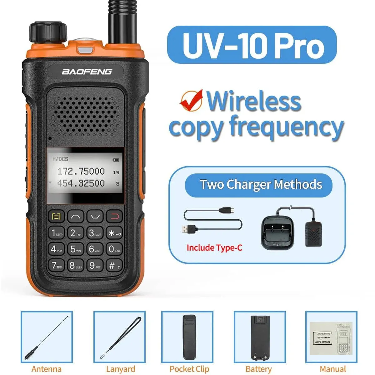 Baofeng UV-10 Pro Walkie Talkie Wireless Copy Frequency Dual Band 999CH Type-C Long Range High Power UV-5R Ham Two Way Radio