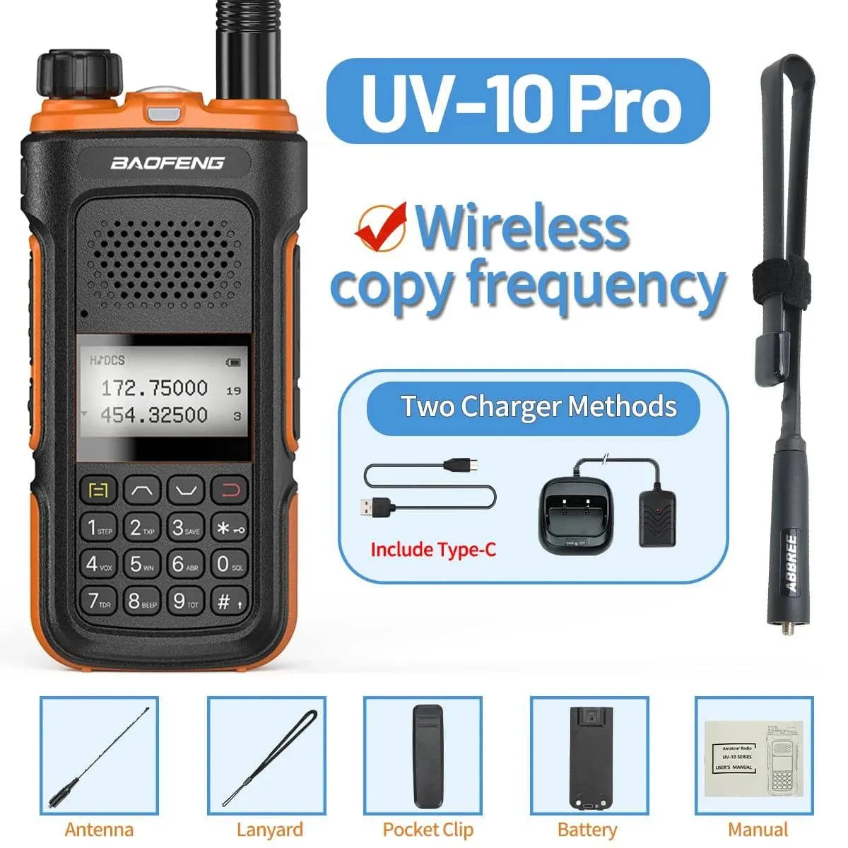 Baofeng UV-10 Pro Walkie Talkie Wireless Copy Frequency Dual Band 999CH Type-C Long Range High Power UV-5R Ham Two Way Radio