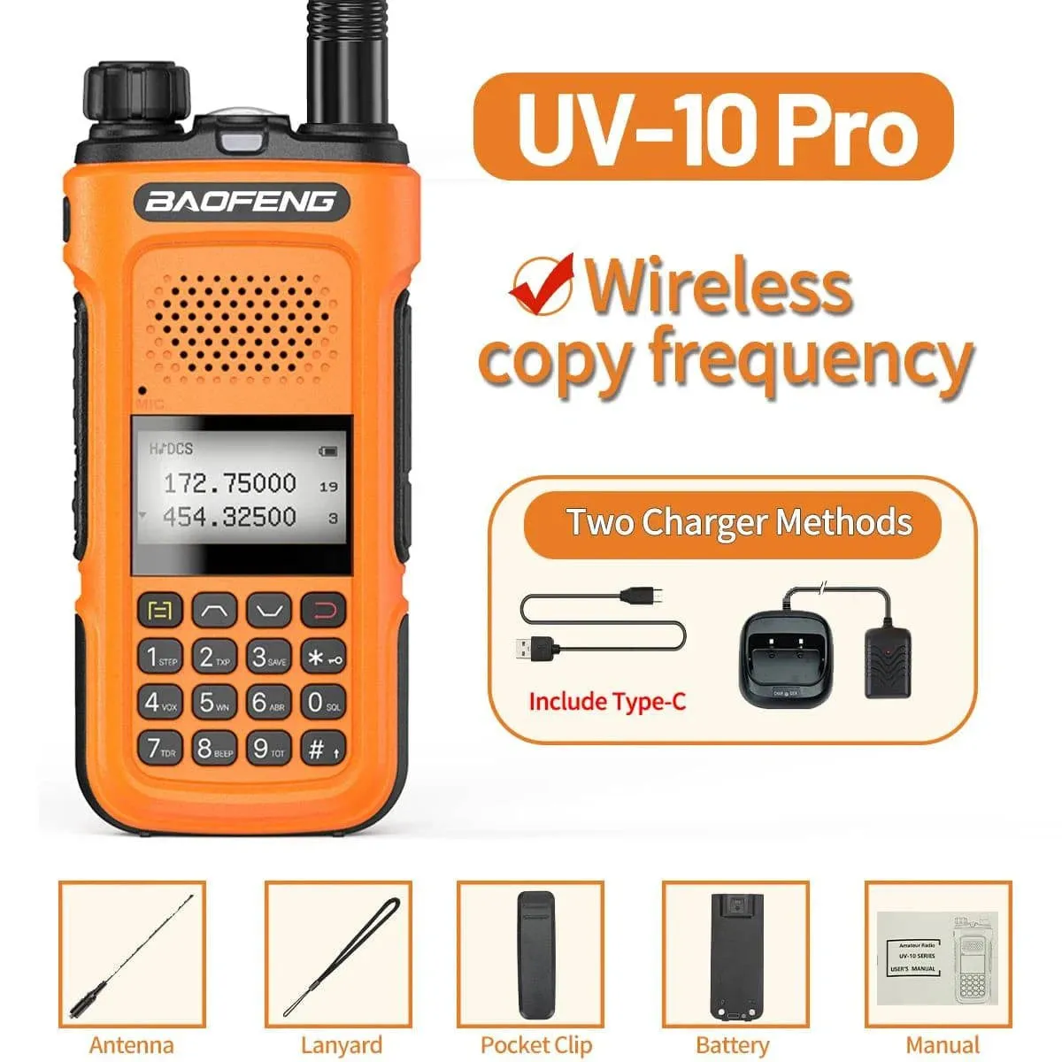 Baofeng UV-10 Pro Walkie Talkie Wireless Copy Frequency Dual Band 999CH Type-C Long Range High Power UV-5R Ham Two Way Radio