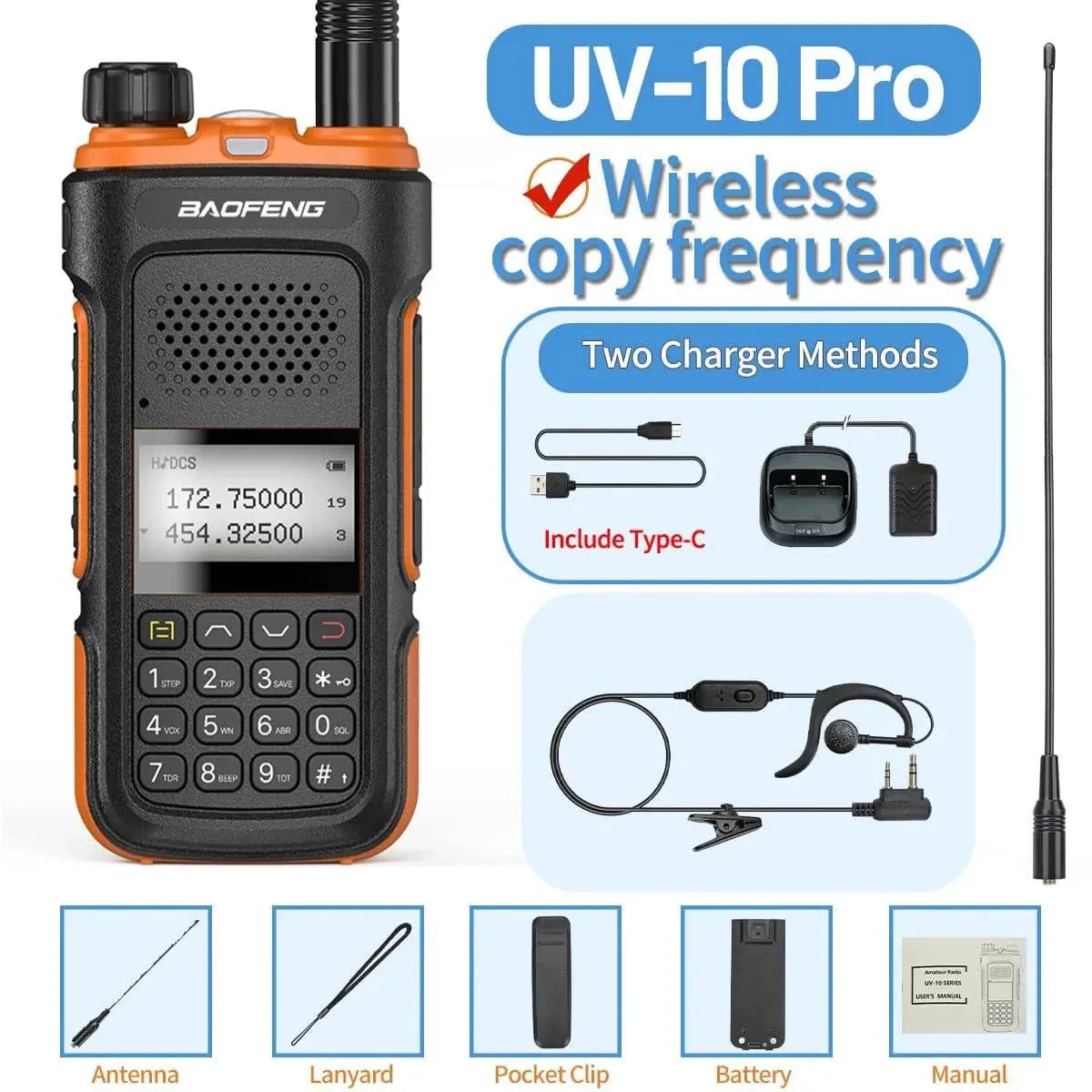 Baofeng UV-10 Pro Walkie Talkie Wireless Copy Frequency Dual Band 999CH Type-C Long Range High Power UV-5R Ham Two Way Radio