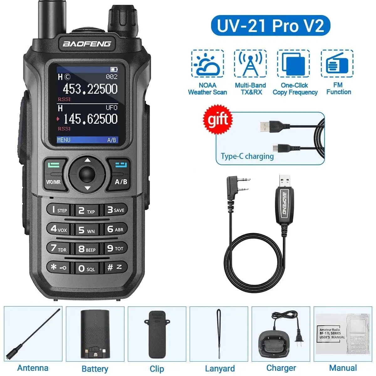 Baofeng UV-21 Pro V2 Wireless Copy Frequency Walkie Talkie Tri Band Waterproof 16 KM Long Range Type-C Charger UV 5R Ham Radio