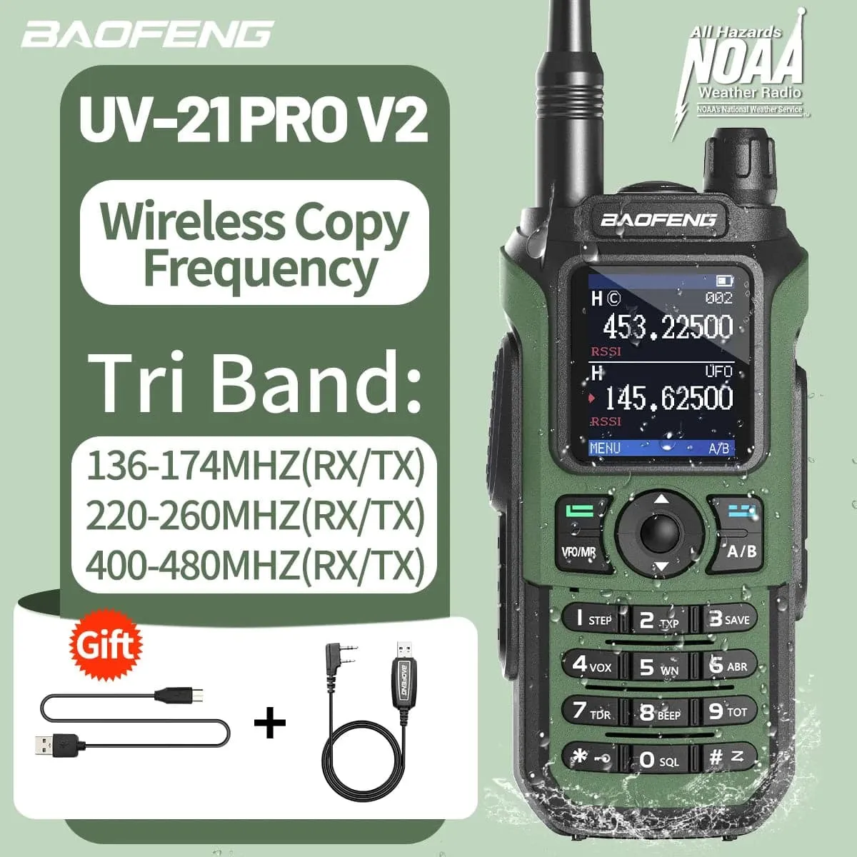 Baofeng UV-21 Pro V2 Wireless Copy Frequency Walkie Talkie Tri Band Waterproof 16 KM Long Range Type-C Charger UV 5R Ham Radio