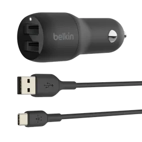 Belkin BOOSTCHARGE Dual USB-A Car Charger 24W   USB-A to USB-C Cable