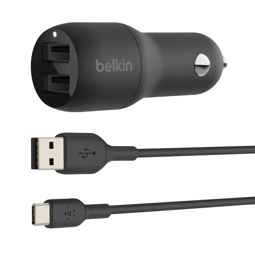 Belkin BOOSTCHARGE Dual USB-A Car Charger 24W   USB-A to USB-C Cable