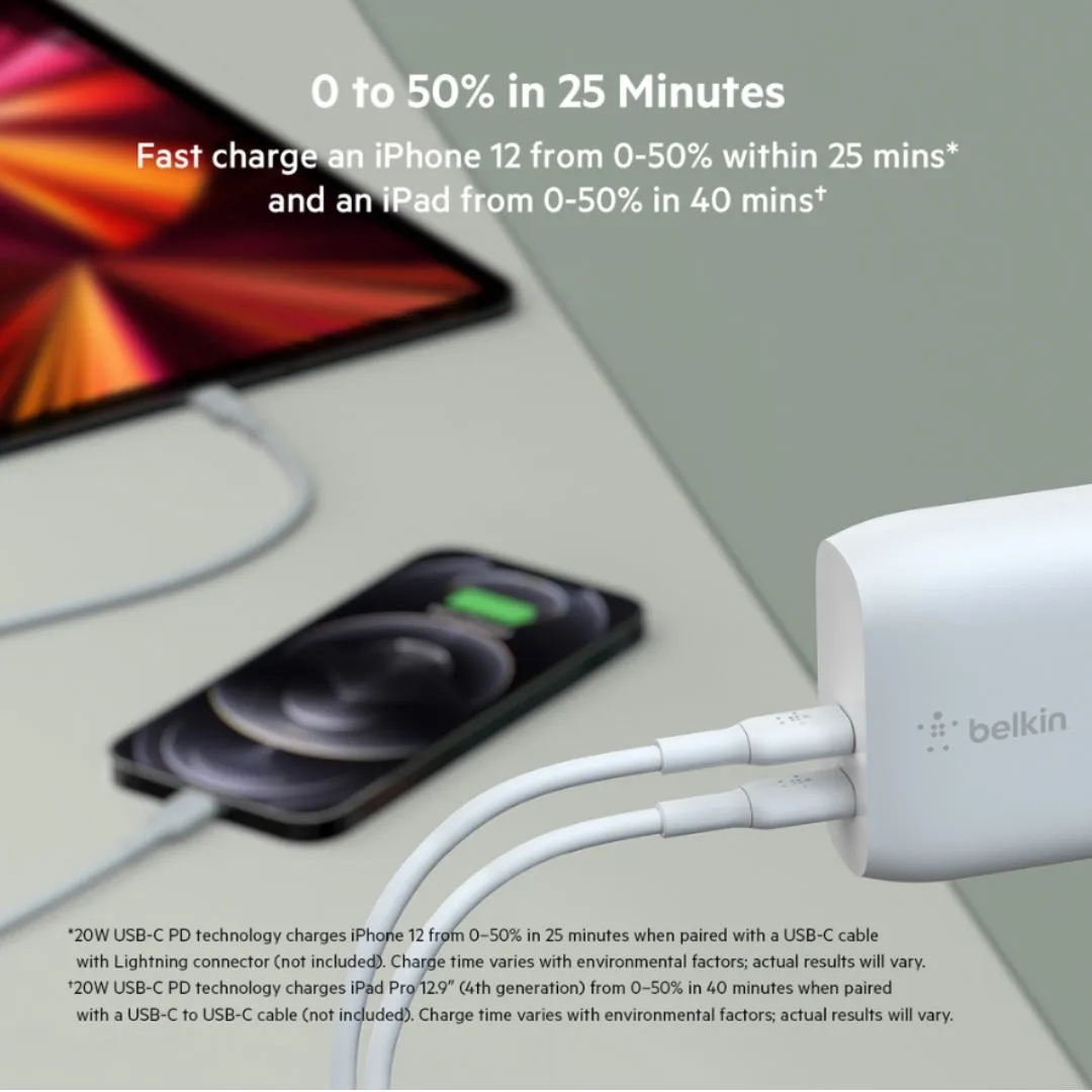 BELKIN WCB006MYWH BOOST‚ CHARGE PD20W Dual USB-C PD 3.0 Wall Charger