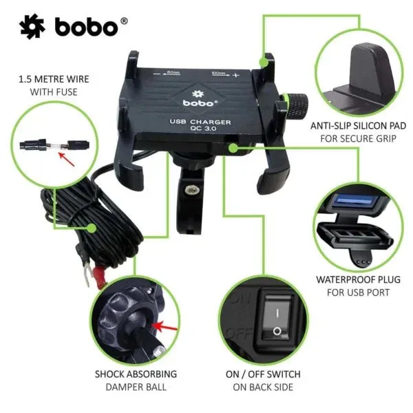 BOBO BM5 Claw-Grip Aluminium Bike Phone Holder (With Fast USB 3.0 Charger) Motorcycle Mobile Mount