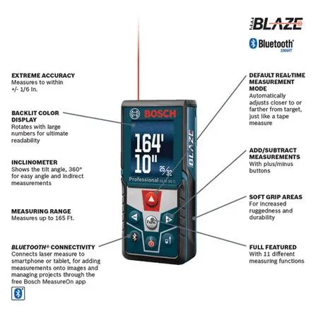 BOSCH GLM50C Bluetooth Laser Measure w/ Color Display & Inclinometer 165' - GLM50C