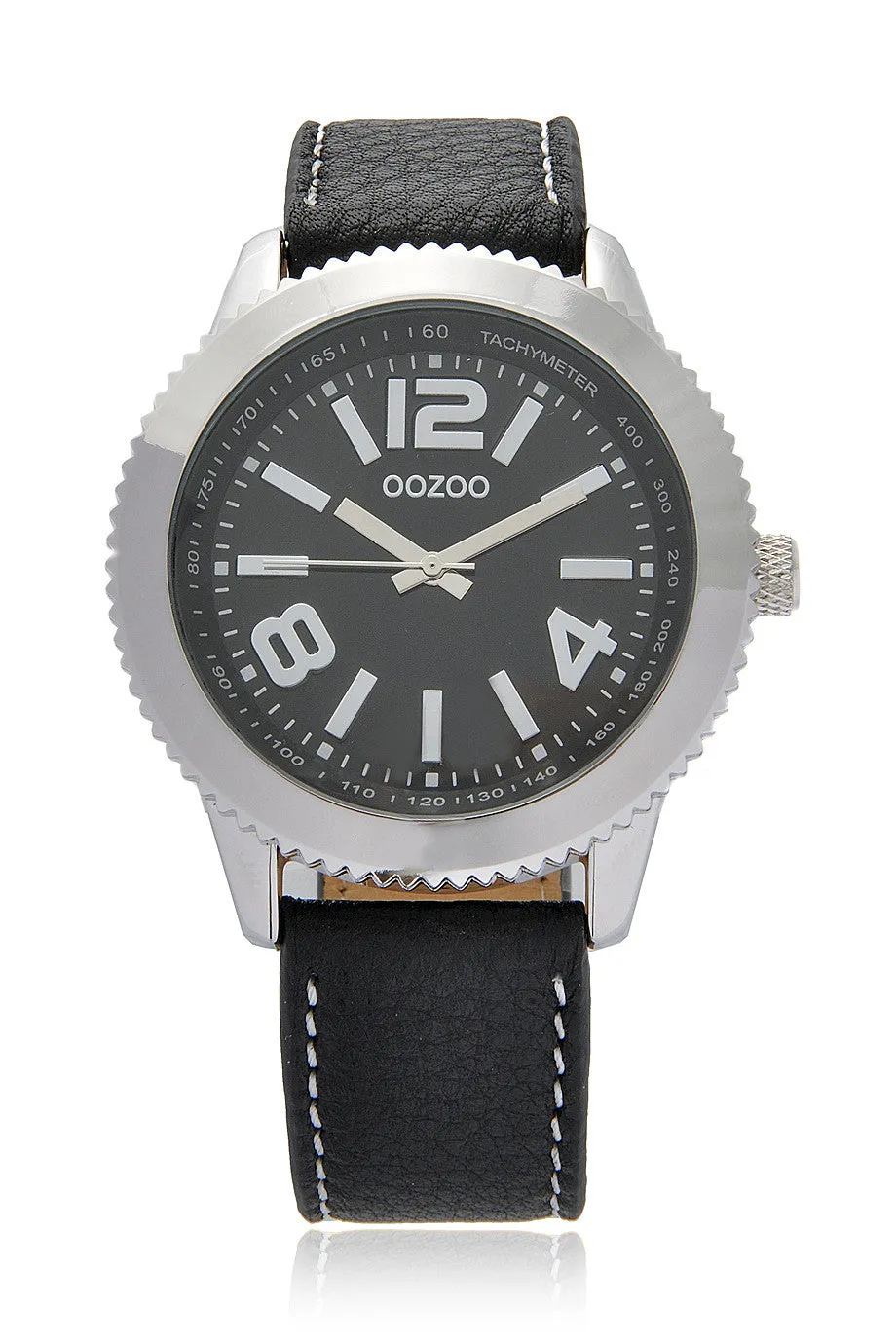 C3844 Silver Wheel Black Leather Watch