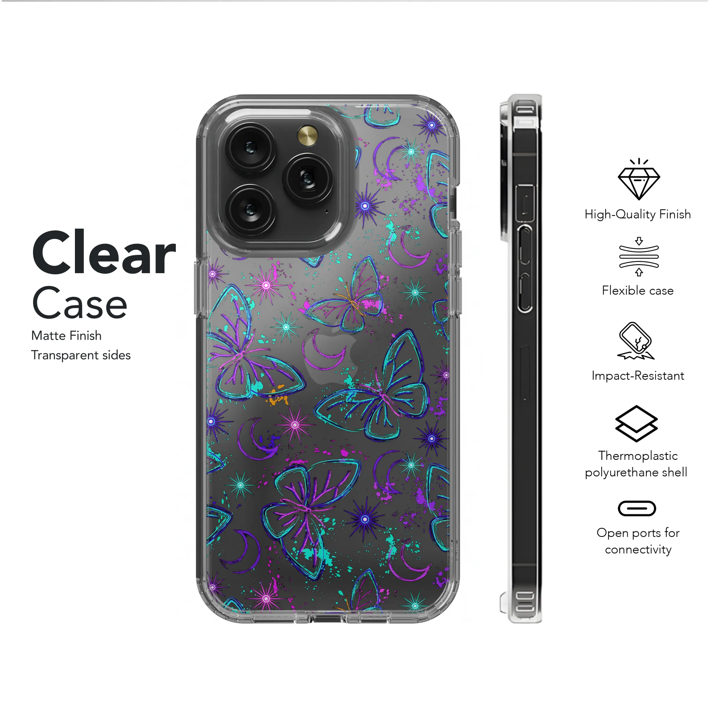 Clear Celestial Neon Moth Mystical Butterfly Phone Case iPhone Samsung Cover Pixel 2773