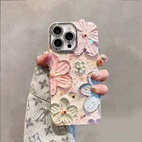 Cute Blue Ray Pink Oil Painting Flowers Design   Silver Hand Strap Protective Shockproof Phone Case for iPhone 11 12 13 14 15 Pro Max Case