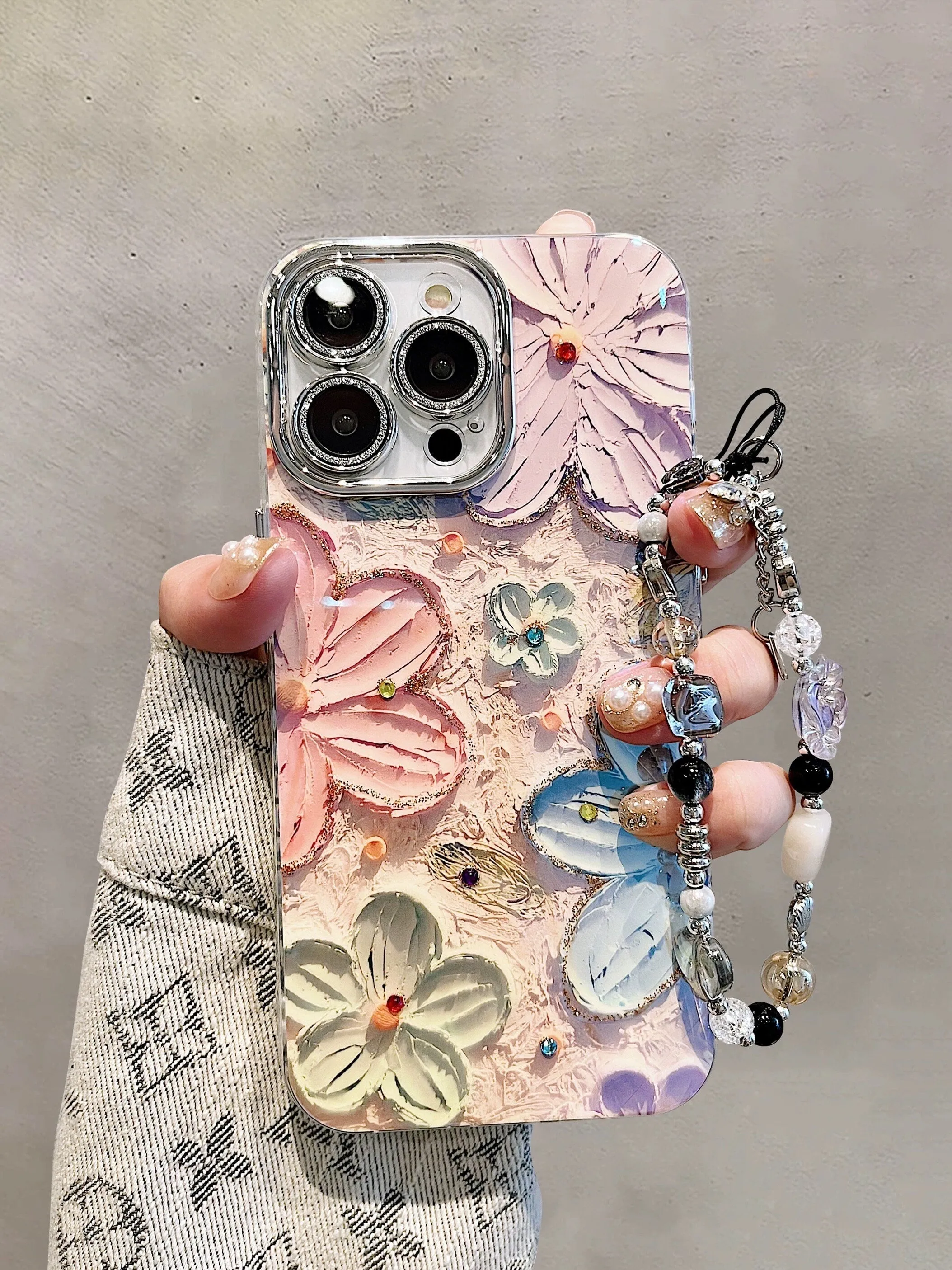 Cute Blue Ray Pink Oil Painting Flowers Design   Silver Hand Strap Protective Shockproof Phone Case for iPhone 11 12 13 14 15 Pro Max Case