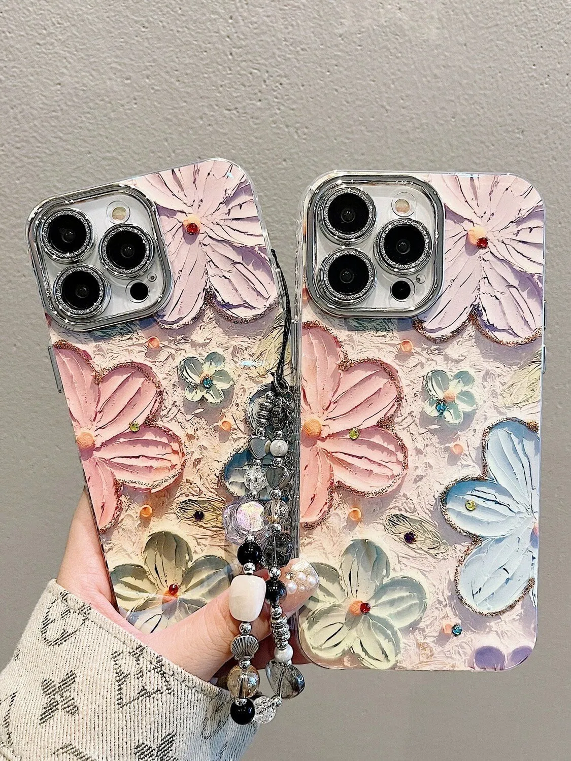 Cute Blue Ray Pink Oil Painting Flowers Design   Silver Hand Strap Protective Shockproof Phone Case for iPhone 11 12 13 14 15 Pro Max Case