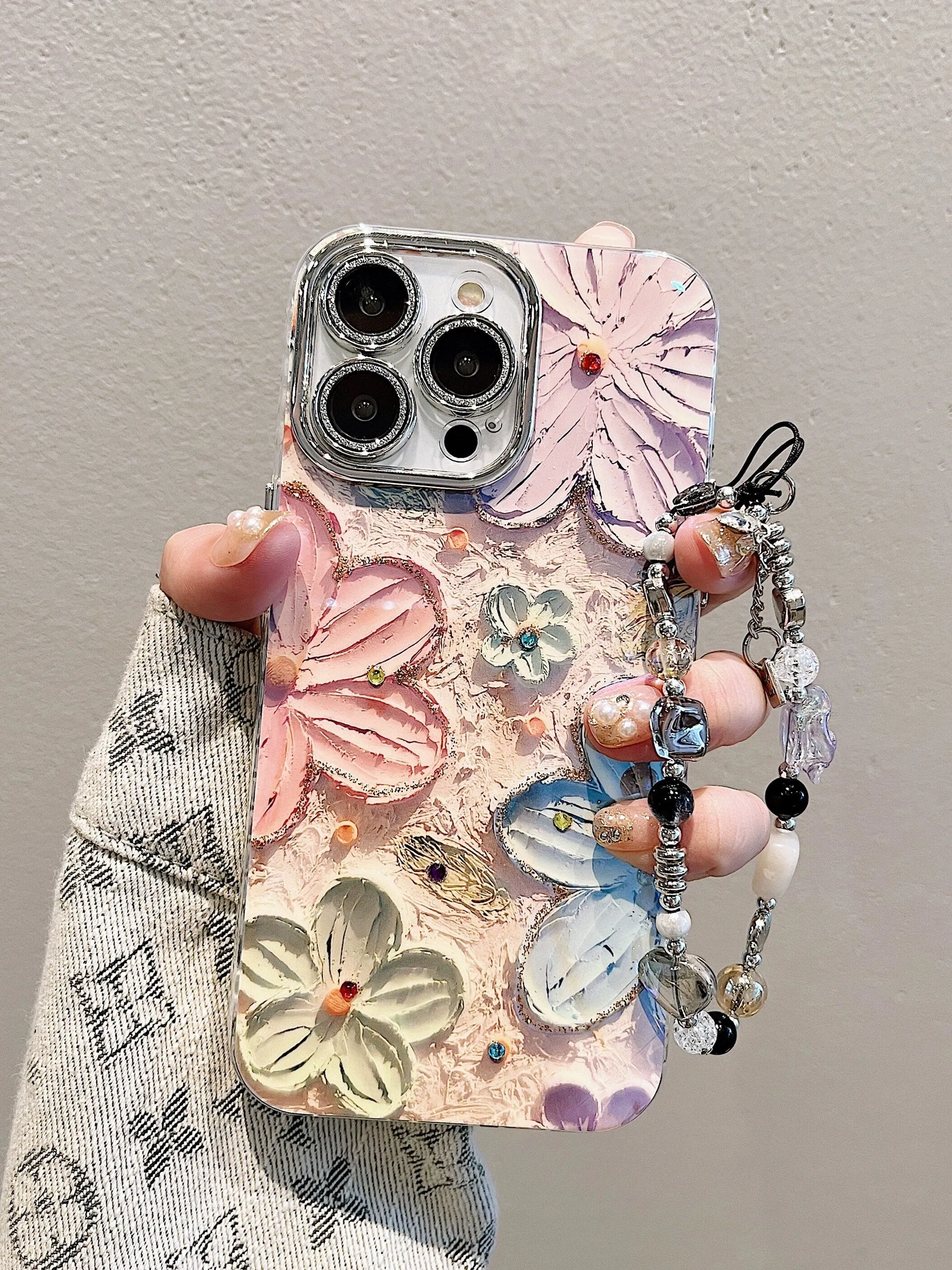 Cute Blue Ray Pink Oil Painting Flowers Design   Silver Hand Strap Protective Shockproof Phone Case for iPhone 11 12 13 14 15 Pro Max Case