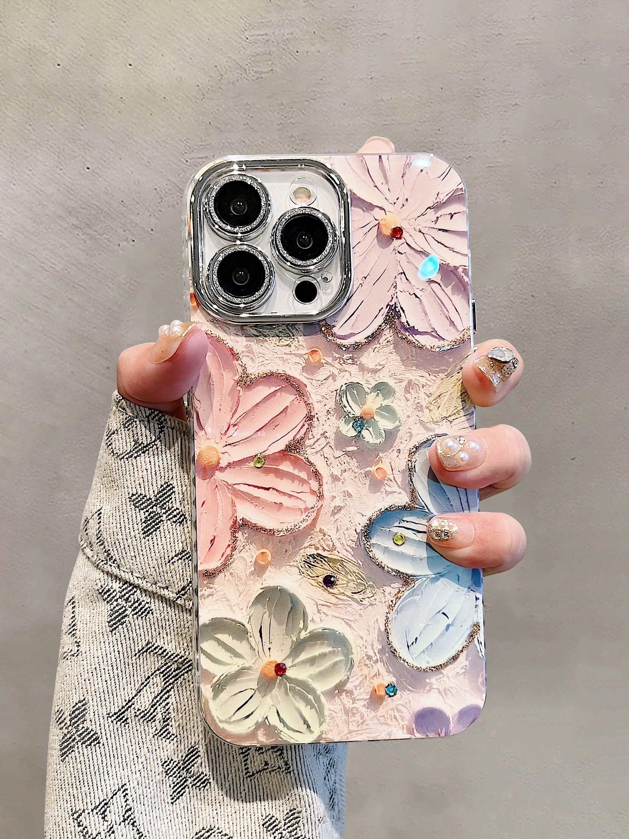 Cute Blue Ray Pink Oil Painting Flowers Design   Silver Hand Strap Protective Shockproof Phone Case for iPhone 11 12 13 14 15 Pro Max Case