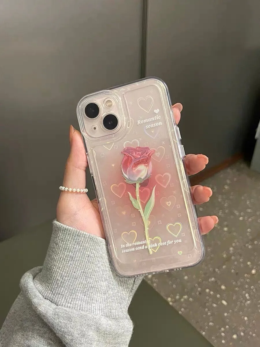 Cute Clear Holographic Hearts Gradient Rose Print Design Protective Shockproof Anti-Fall iPhone Case for iPhone 11 12 13 14 Pro Max