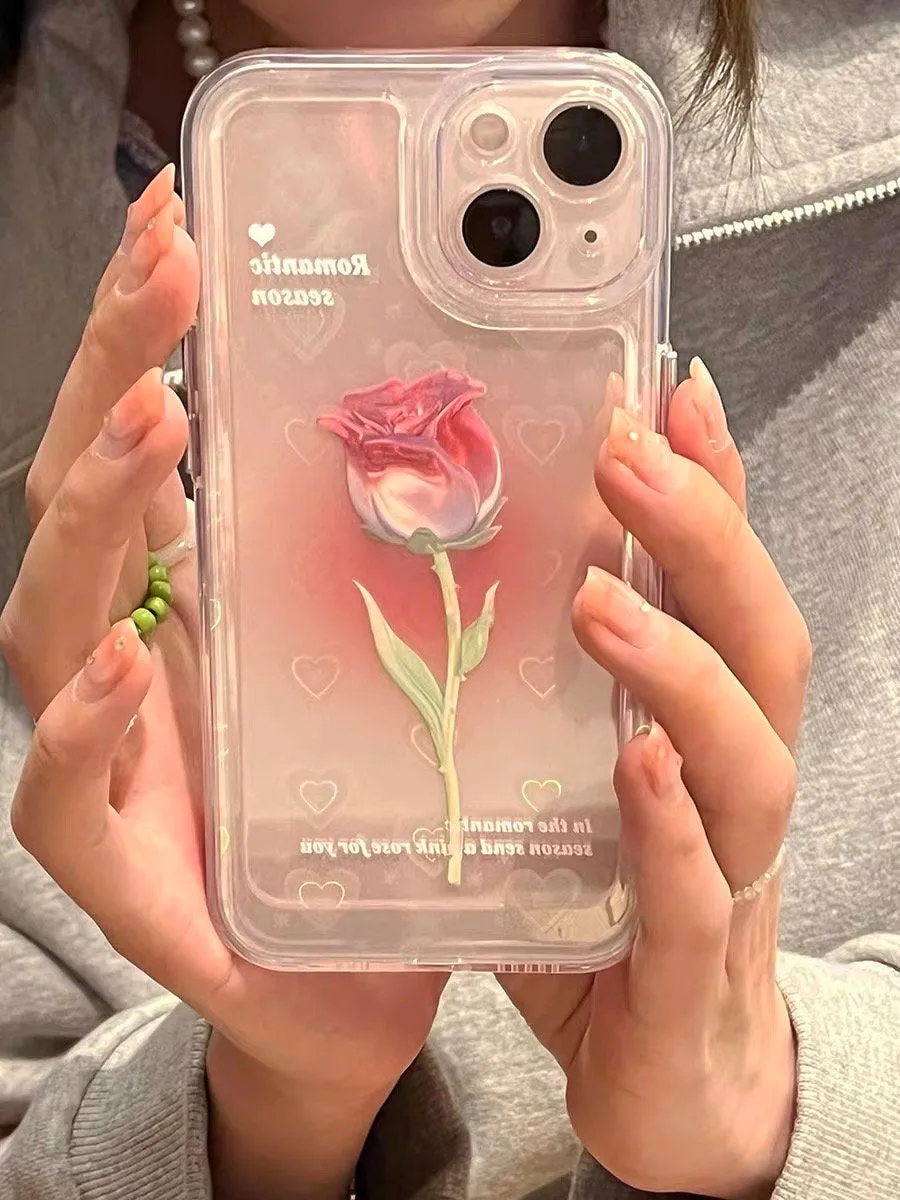 Cute Clear Holographic Hearts Gradient Rose Print Design Protective Shockproof Anti-Fall iPhone Case for iPhone 11 12 13 14 Pro Max