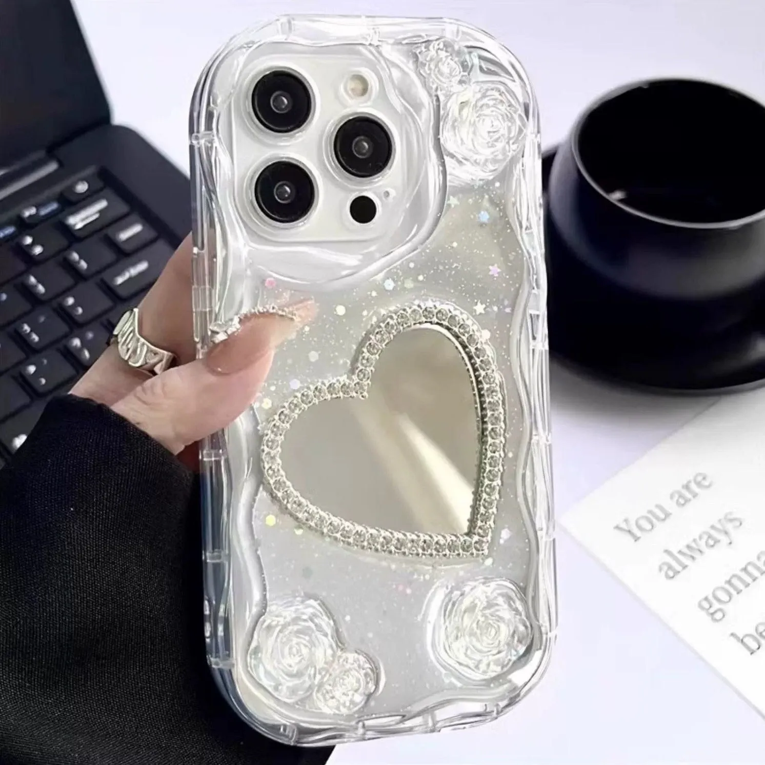 Cute Grey Ink Painting Diamond Rhinestone Studded with Mini Mirror Protective Shockproof iPhone Case for iPhone 11 12 13 14 15 Plus Pro Max