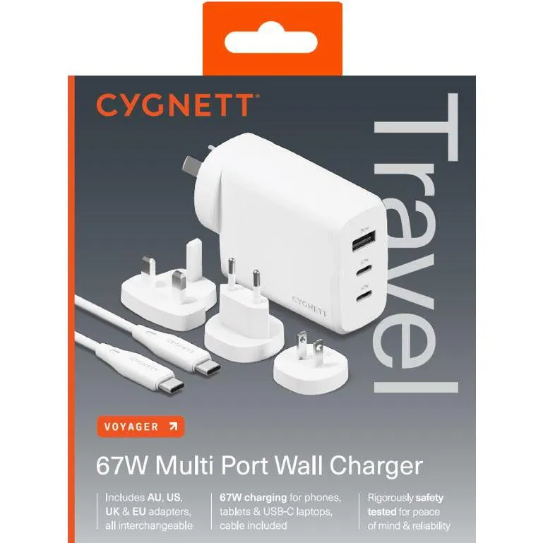 Cygnett Voyager 67w Multiport GaN Travel Wall Charger (White)